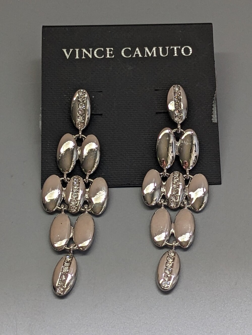 Vince Camuto Silver Tone Rhinestone Oval Drop Earrings New In Package